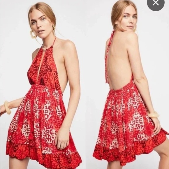 Free People NWT Beach Day mini Red Halter Neck Dress - Picture 4 of 8